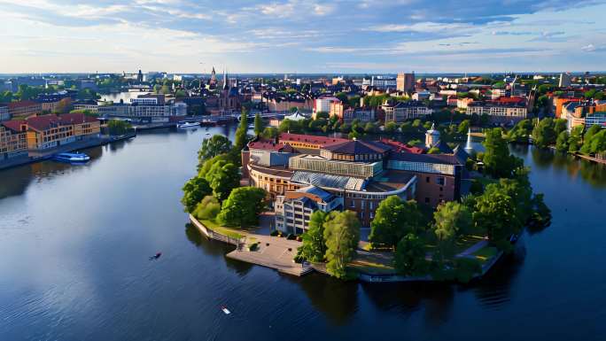 航拍瑞典地标建筑乌普萨拉斯德哥尔摩市政厅