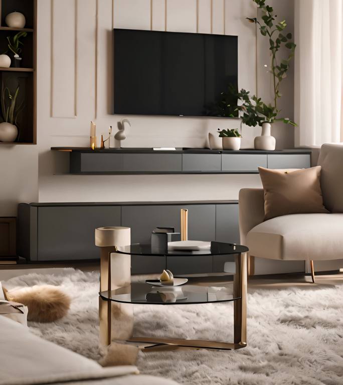 现代简约客厅设计白色沙发灰色电视柜