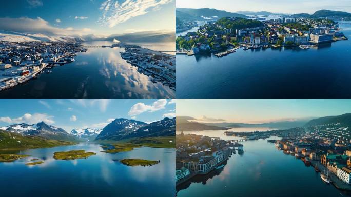 航拍挪威峡湾地区城市风光国家公园