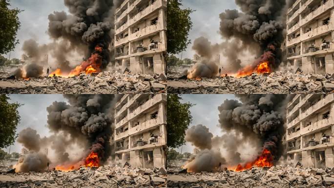 被炸毁的建筑冒烟的废墟爆炸恐怖袭击战争