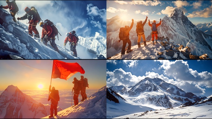 团队徒步励志攀登雪山奋斗登顶