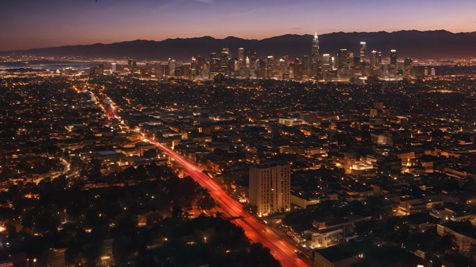 夜晚的洛杉矶市区美国加州鸟瞰图
