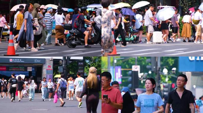 城市夏天暑假酷暑高温炎热街道人群人流汽车