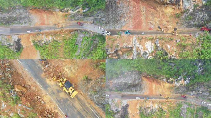 公路抢修翻斗车工人修路山区修路全景航拍