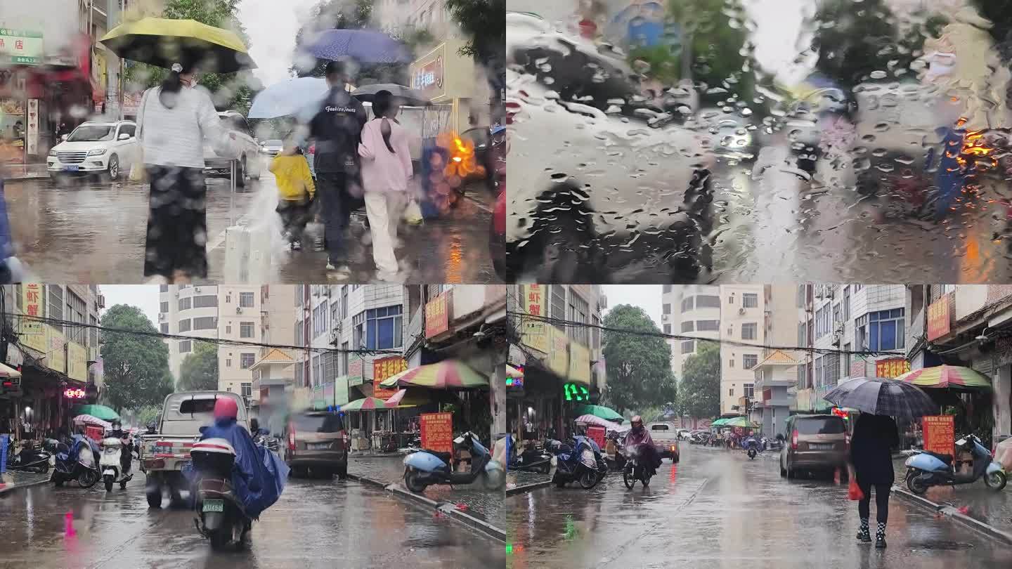 行驶街道雨景 雨天道路车流 窗外街景雨滴