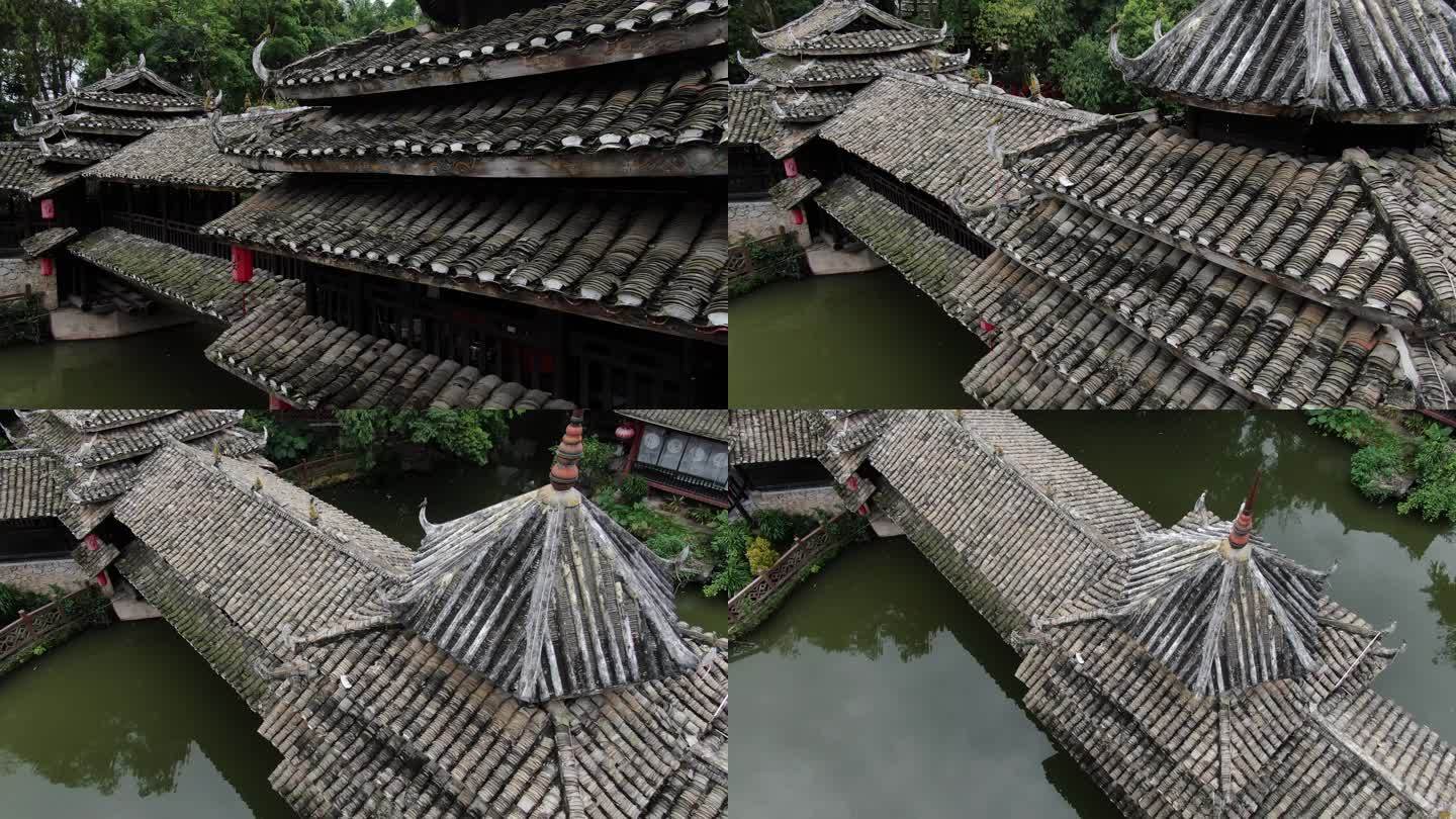 航拍南宁广西博物馆文物苑侗族壮族风雨桥
