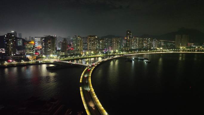 珠海夜景航拍海滨城市情侣中路夜晚建筑风光