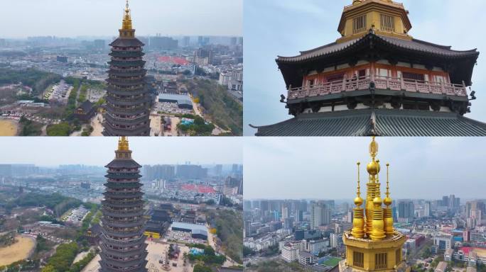 江苏常州天宁禅寺古塔红梅公园航拍天宁区城