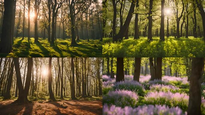 春季唯美绿色森林树林空镜自然背景视频合集