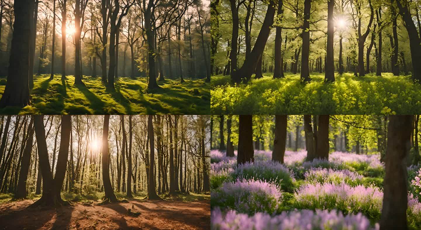春季唯美绿色森林树林空镜自然背景视频合集