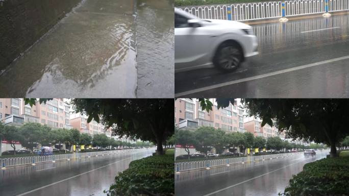 雨天雨季阴雨绵绵下雨车流车辆行驶雨中城市
