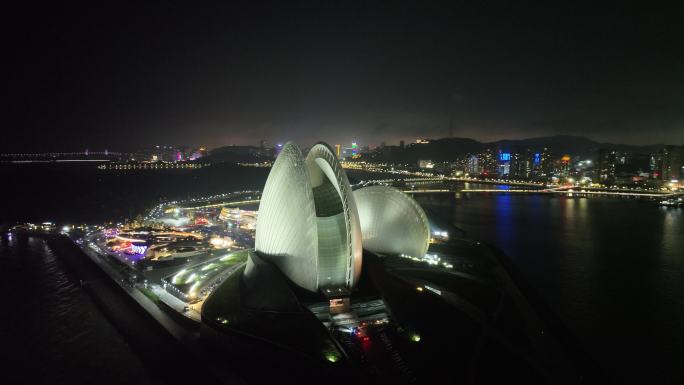 珠海日月贝夜景航拍夜晚珠海大剧院珠海地标