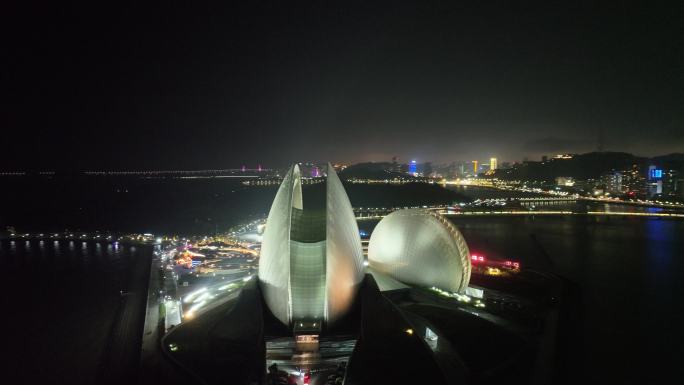 珠海日月贝夜景航拍夜晚珠海大剧院珠海地标