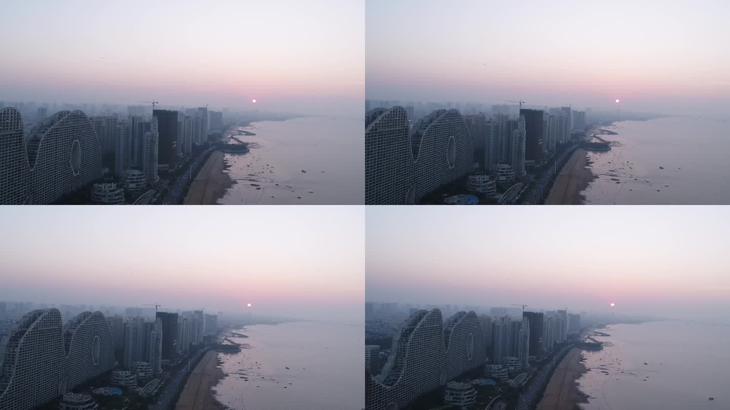 航拍北海海城区金滩北部湾一号落日黄昏夕阳