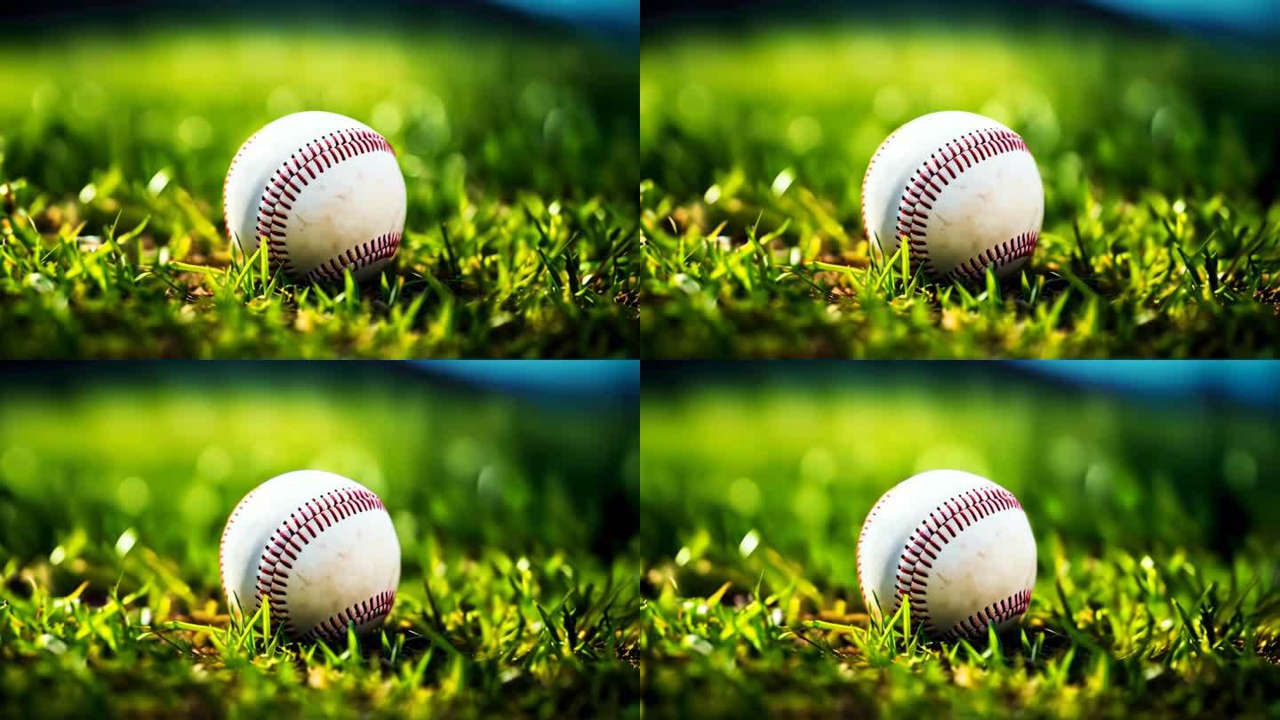 运动主题棒球在球场上草地上的特写