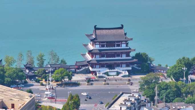 湖南长沙湘江杜甫江阁茶馆航拍城市地标风景