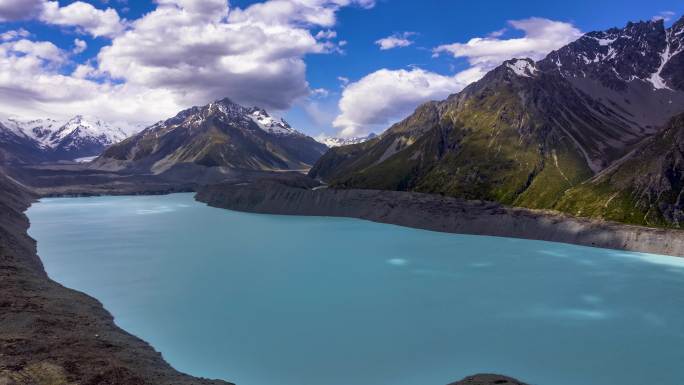 延时航拍新西兰塔斯曼冰河湖光影美景
