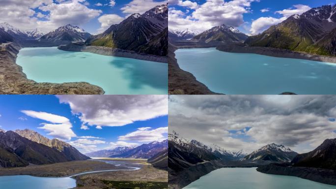 延时航拍新西兰塔斯曼冰河湖光影美景
