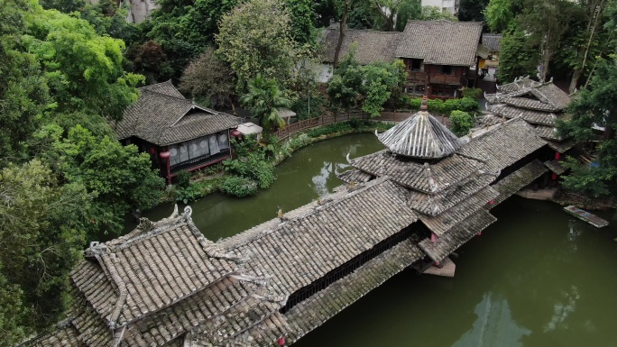 航拍南宁广西博物馆文物苑侗族壮族风雨桥