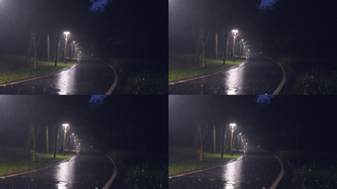 4K实拍广州天河公园夜雨中撑伞散步的市民