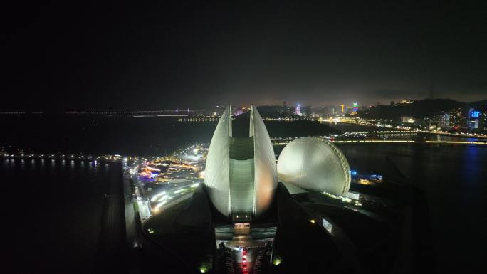 珠海日月贝夜景航拍夜晚珠海大剧院珠海地标