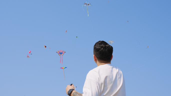 北京春天公园里人们争相放风筝
