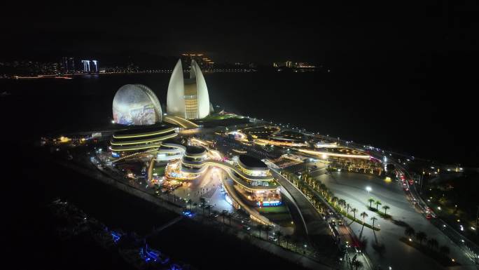 珠海日月贝夜景航拍夜晚珠海大剧院珠海地标