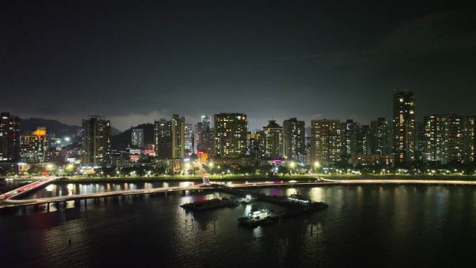 珠海夜景航拍海滨城市情侣中路夜晚建筑风光