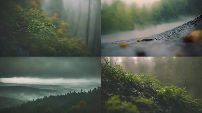 森林的雨季雨水雨滴阴天