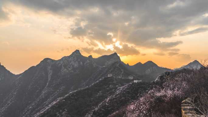 北京春天箭扣长城与漫山遍野山桃花夕阳日落