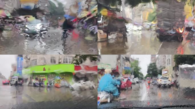 行驶街道雨景 雨天道路车流 窗外街景雨滴