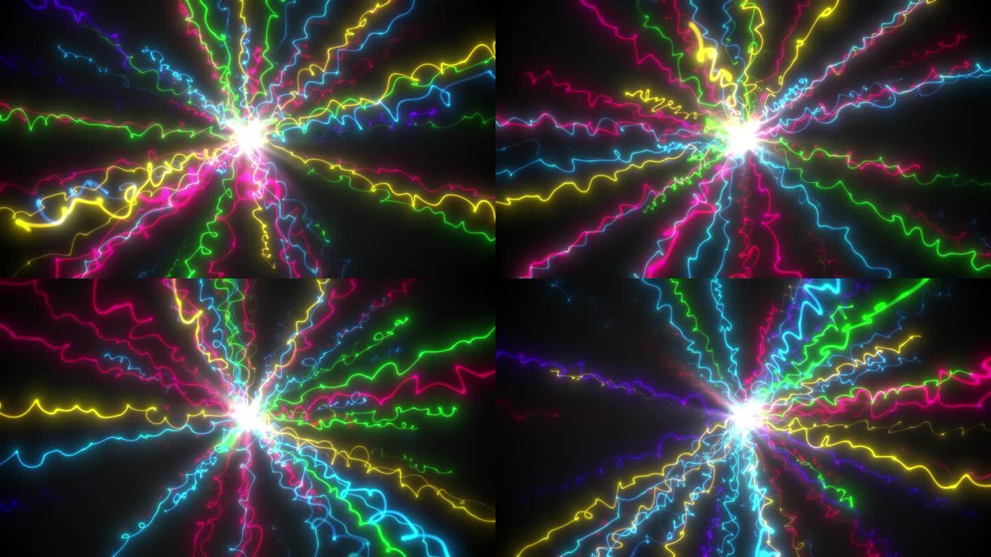 4K七彩闪电发射三维空间旋转无缝循环