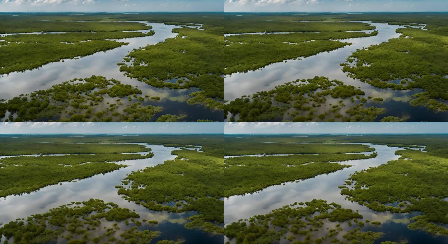 航拍美国佛罗里达州北部的沼泽湿地