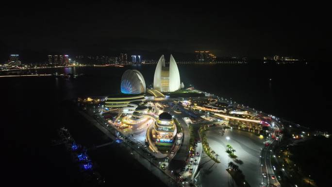 珠海日月贝夜景航拍夜晚珠海大剧院珠海地标