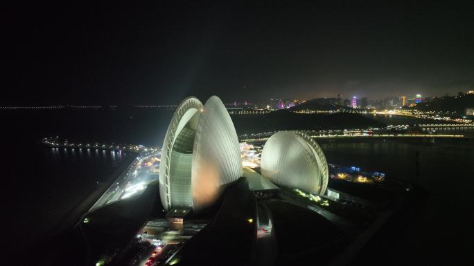 珠海日月贝夜景航拍夜晚珠海大剧院珠海地标