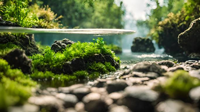 水下有植物、草和植被的河流的淡水风光