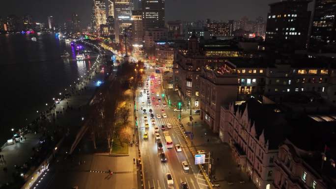 上海夜景航拍外滩南京东路黄浦区城市夜晚风