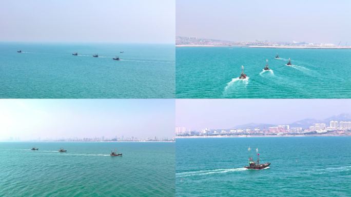 渔船打鱼渔民出海小船航行海港渔港多片段