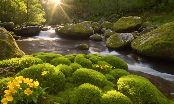 【集合】唯美春天森林小溪流水瀑布苔藓意境