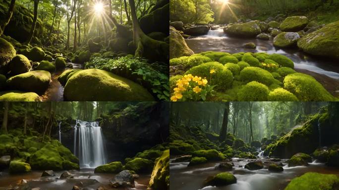 【集合】唯美春天森林小溪流水瀑布苔藓意境
