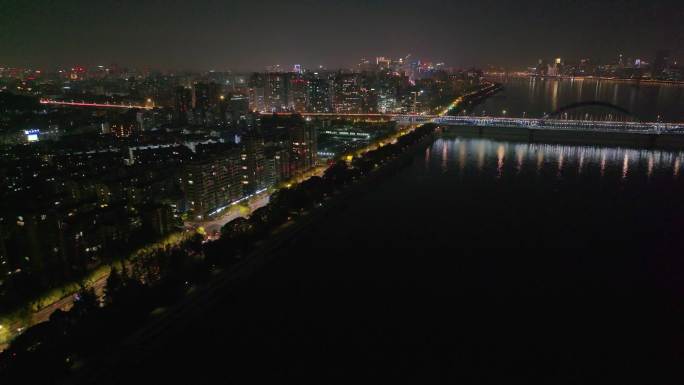 浙江杭州上城区夜晚夜景航拍车流交通城市风