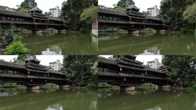 航拍南宁广西博物馆文物苑侗族壮族风雨桥