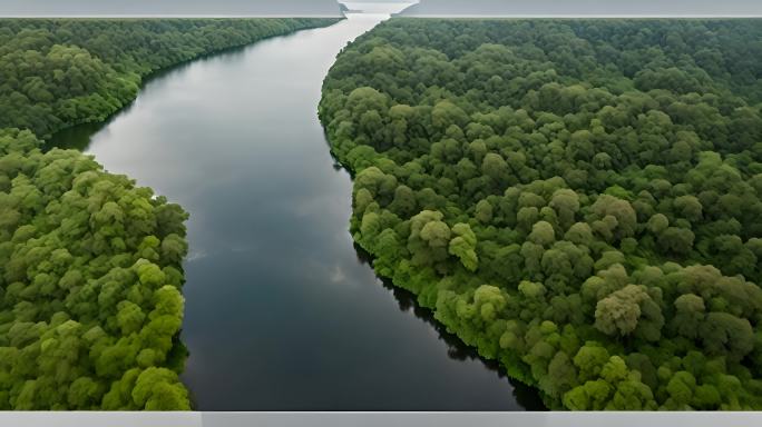 刚果雨林中蜿蜒的丛林河流鸟瞰图