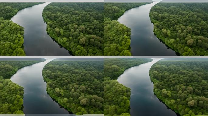 刚果雨林中蜿蜒的丛林河流鸟瞰图
