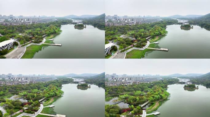 航拍春雨迷蒙下的江苏无锡蠡湖国家湿地公园