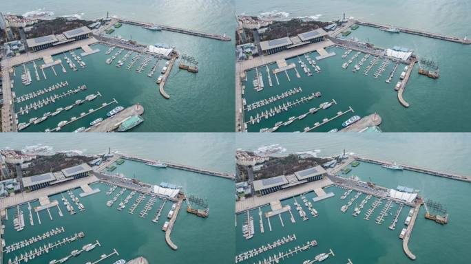 8K青岛海边帆船停泊中心航拍延时