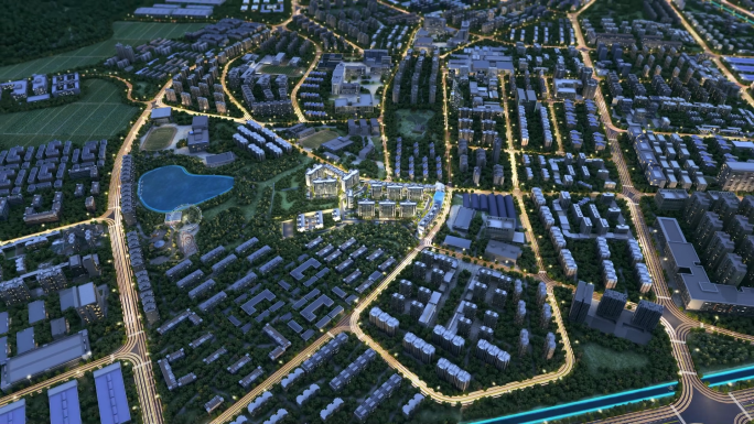 俯拍城市住宅小区夜景三维素材