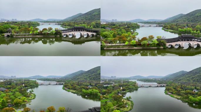 航拍春雨迷蒙下的江苏无锡蠡湖国家湿地公园