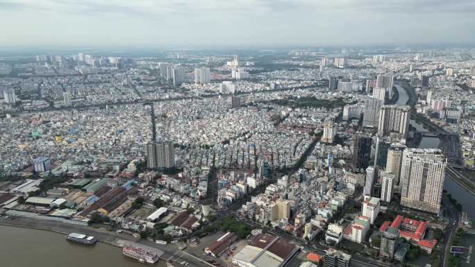 胡志明城市航拍西贡河城市群越南地标大厦