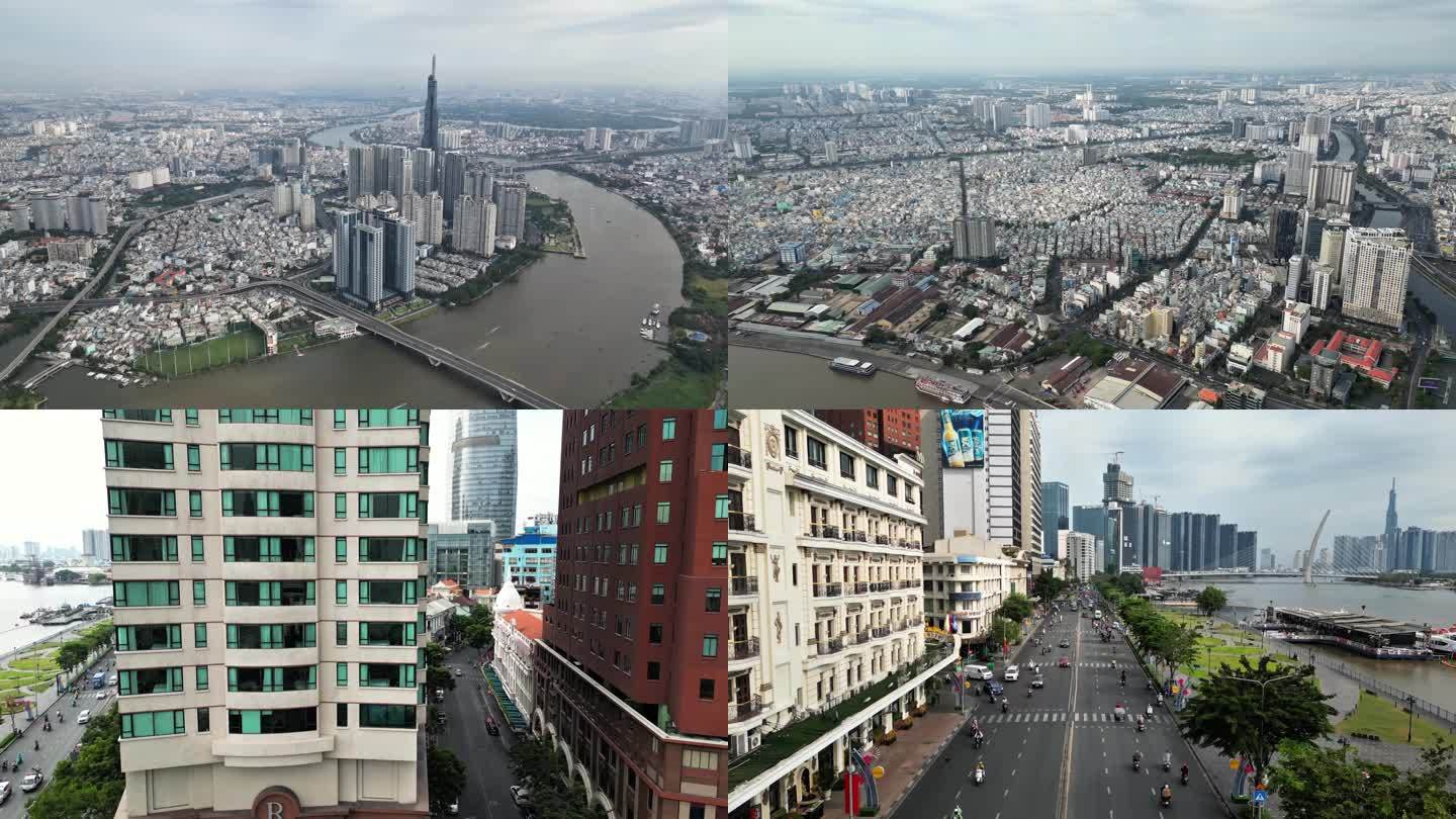 胡志明城市航拍西贡河城市群越南地标大厦